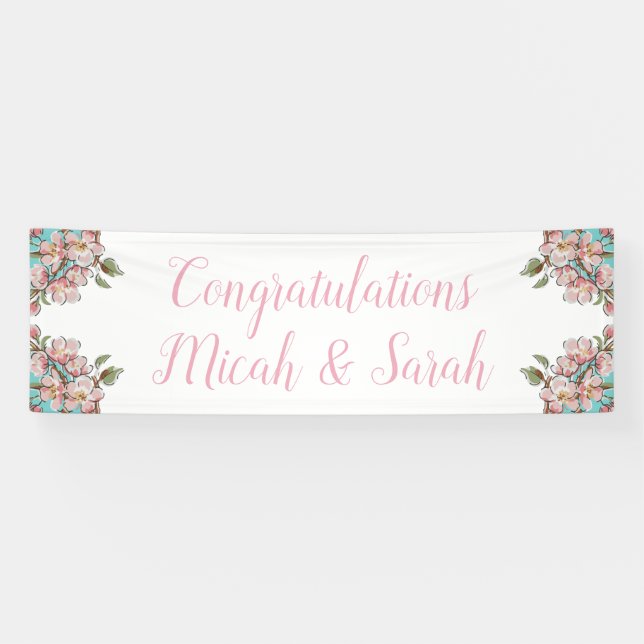 Cherry Blossom Teal Retro Vintage Baby Shower Banner (Horizontal)