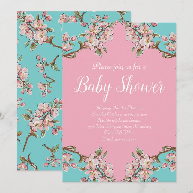 Cherry Blossom Teal Retro Vintage Baby Shower Invitation (Front/Back)
