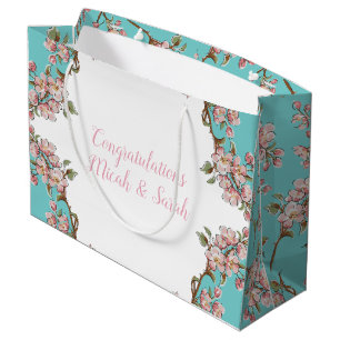 Cherry Blossom Teal Retro Vintage Baby Shower Large Gift Bag