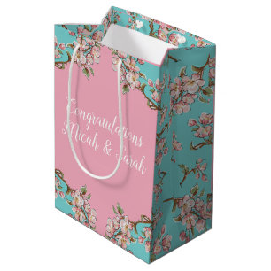 Cherry Blossom Teal Retro Vintage Baby Shower Medium Gift Bag