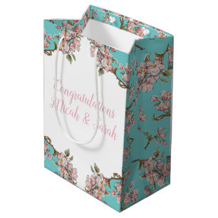 Cherry Blossom Teal Retro Vintage Baby Shower Medium Gift Bag