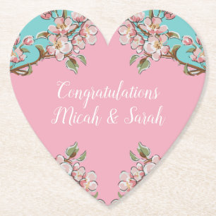 Cherry Blossom Teal Retro Vintage Baby Shower Paper Coaster
