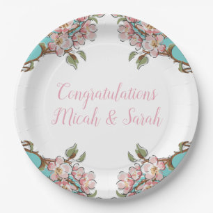 Cherry Blossom Teal Retro Vintage Baby Shower Paper Plate