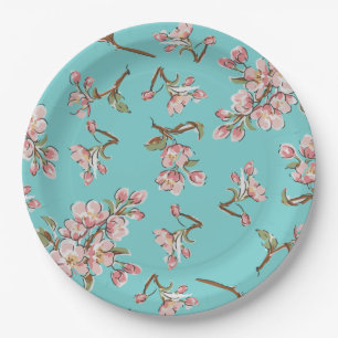 Cherry Blossom Teal Retro Vintage Baby Shower Paper Plate