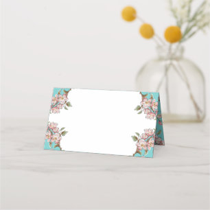 Cherry Blossom Teal Retro Vintage Baby Shower Place Card