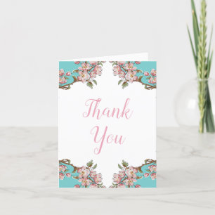 Cherry Blossom Teal Retro Vintage Baby Shower Thank You Card