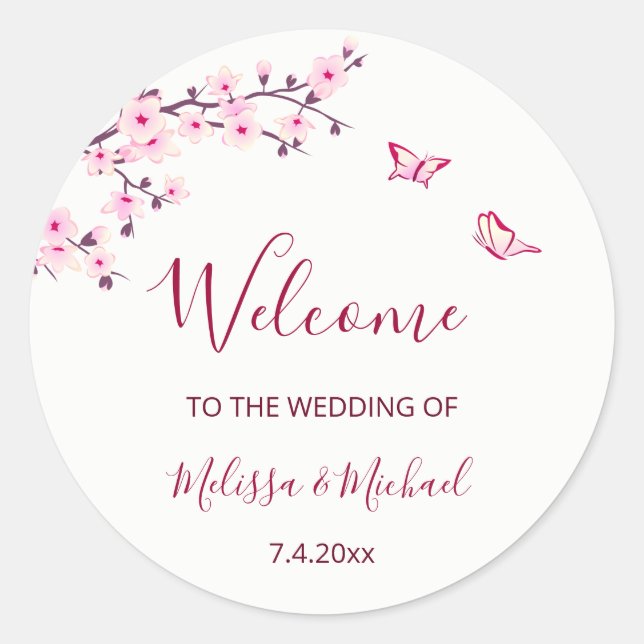 Cherry Blossom Thank You Wedding Welcome Classic Round Sticker (Front)
