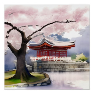 Cherry Blossom Tree And Pavilion Watercolor Poster