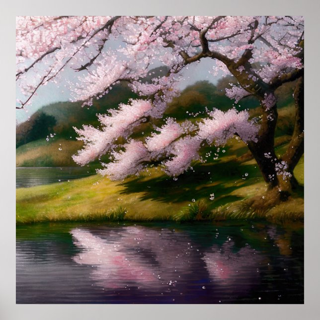 Cherry Blossom Tree At A Lake Poster (Front)