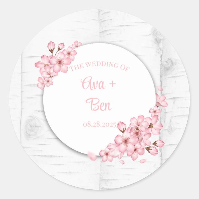 Cherry Blossom Tree Bark Wedding Classic Round Sticker (Front)