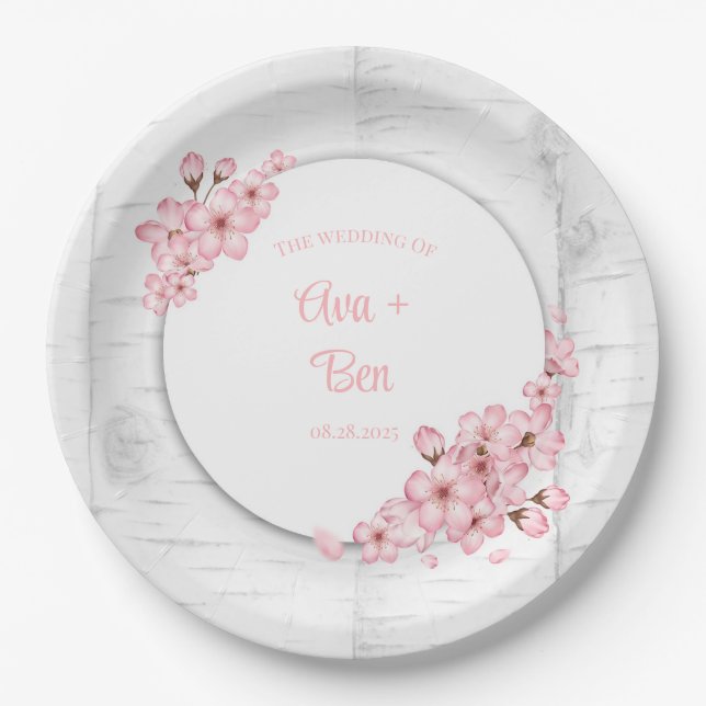 Cherry Blossom Tree Bark Wedding Paper Plate (Front)