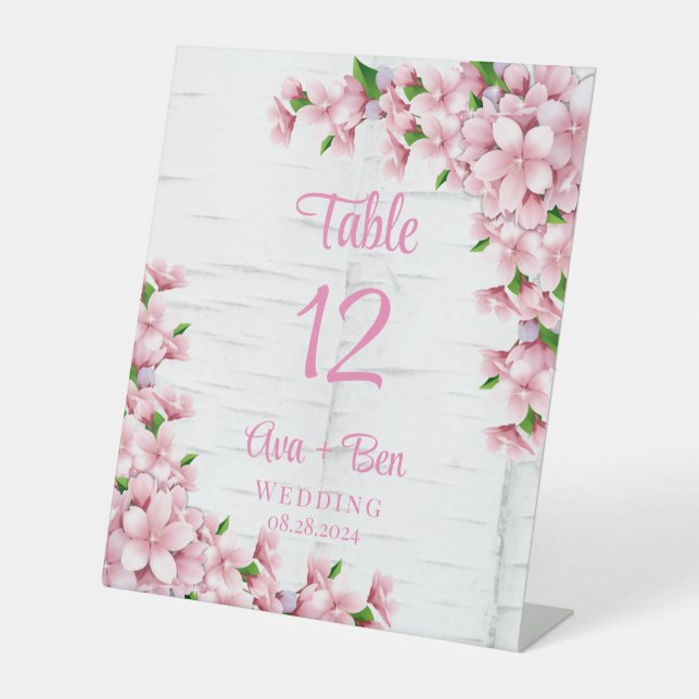 Cherry Blossom Tree Bark Wedding Table Number Pedestal Sign (Front)