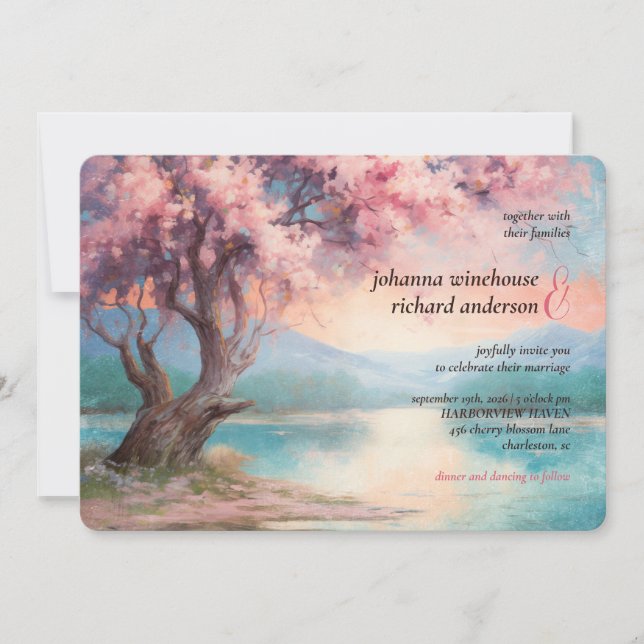 Cherry Blossom Tree Near the Lake Wedding Invitation (Front)