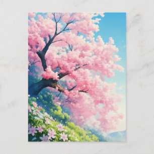 Cherry Blossom Tree on Sunny Green Hillside Postcard