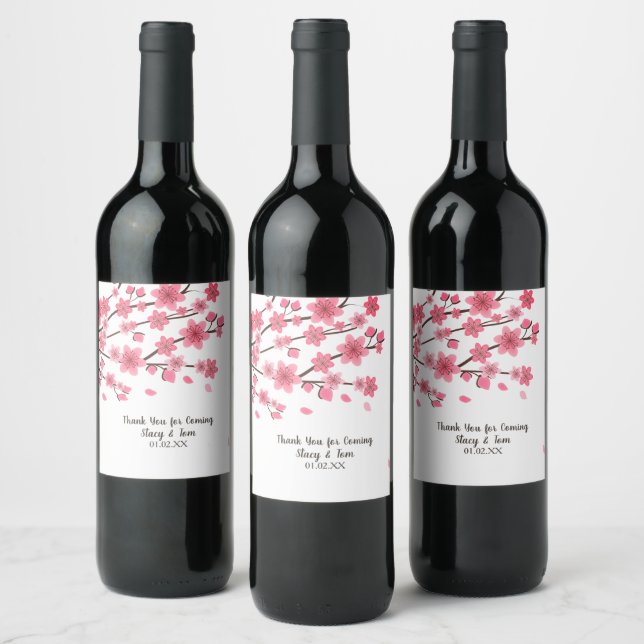 Cherry Blossom Tree Petals Pink Wedding Wine Label (Bottles)