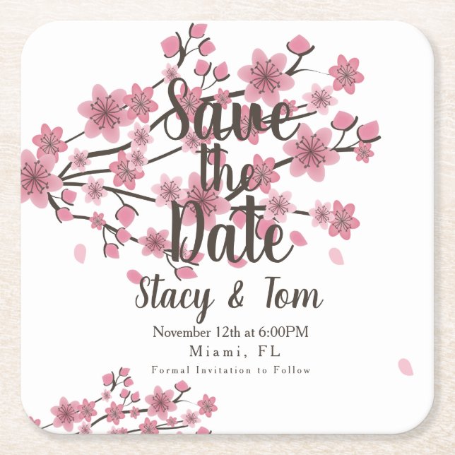 Cherry Blossom Tree Petals Save the Date Square Paper Coaster (Front)