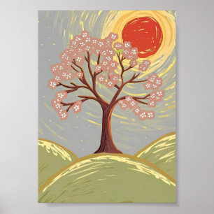 Cherry Blossom Tree & Red Sun Art Print
