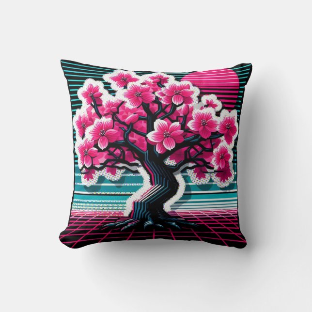 Cherry Blossom Tree Synthwave 803 Cushion (Front)