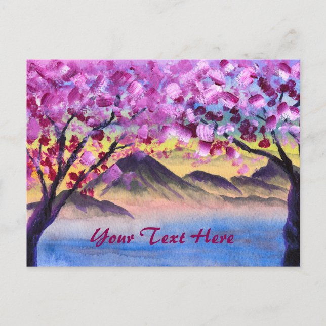 Cherry Blossom Trees Lake Dusk Mountains Landscape Postcard (Front)