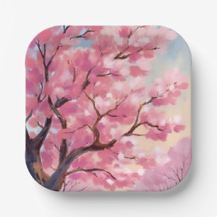 Cherry Blossom Trees Pink Floral Painting Paper Plate