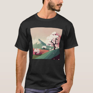 Cherry Blossom trees pink hills snowy peak mountai T-Shirt