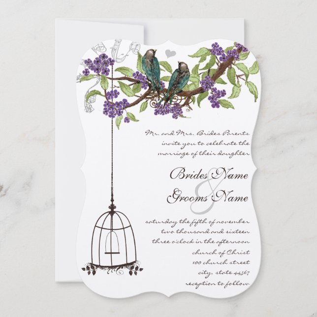 Cherry Blossom Vintage Birds & Birdcage Weddings Invitation (Front)