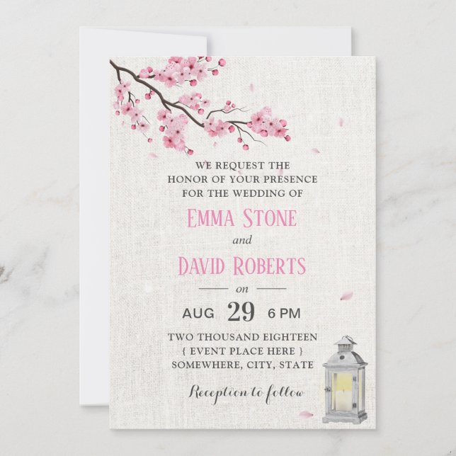 Cherry Blossom Vintage Lantern Linen Wedding Invitation (Front)