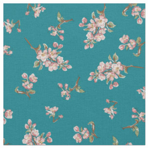 Cherry Blossom Vintage Retro Floral Teal Fabric