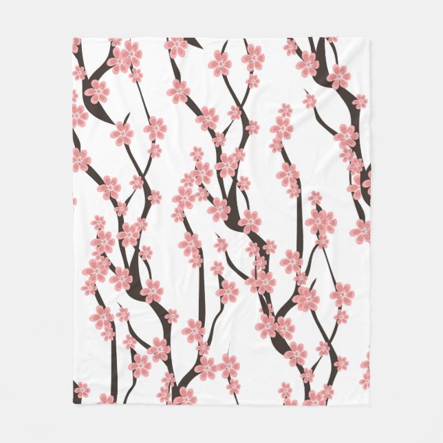 Cherry Blossom: Vintage White Seamless. Fleece Blanket (Front)
