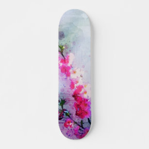 Cherry Blossom Watercolor Art Skateboard