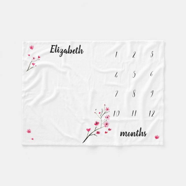 Cherry Blossom Watercolor Baby milestone Fleece Blanket (Front (Horizontal))