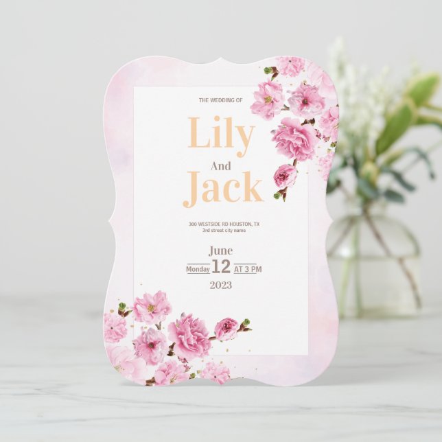 Cherry Blossom Watercolor Floral Modern Wedding  Invitation (Standing Front)