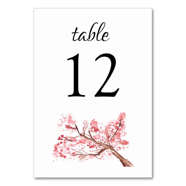 Cherry Blossom Watercolor Floral Pink Wedding Table Number (Front)