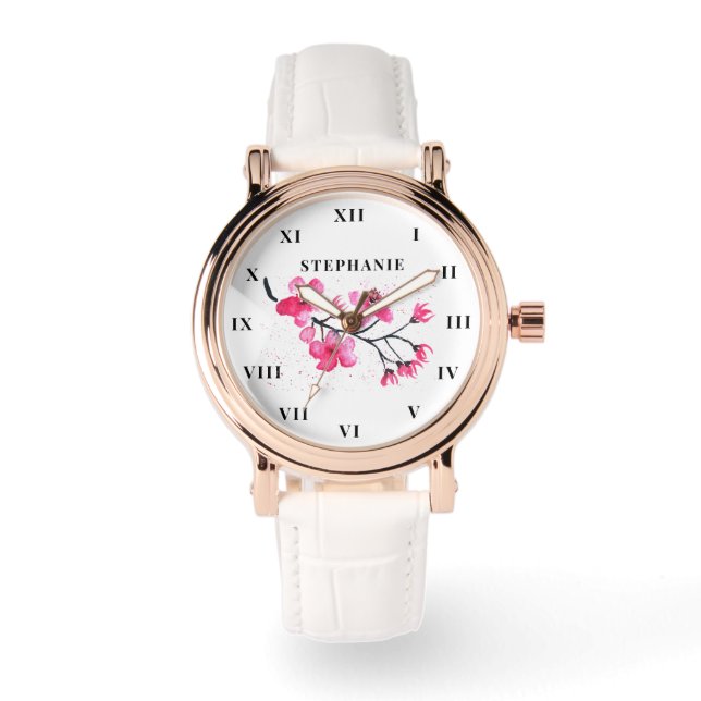 Cherry Blossom Watercolor Floral Sakura Modern  Watch (Front)