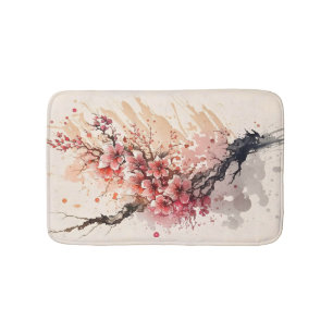 Cherry Blossom Watercolor Flowers Pink Red Floral  Bath Mat