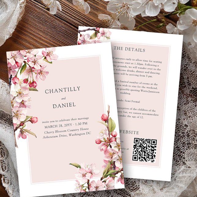 Cherry Blossom Wedding Details and Website Invitation (Wedding invitation with details and qr code - Cherry Blossom Wedding Collection by Darling & May)