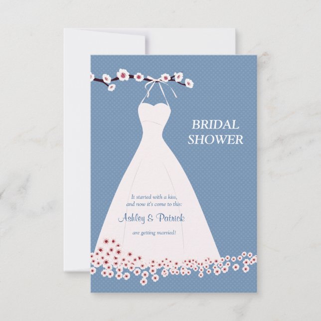 Cherry Blossom  & Wedding Dress on Polka Backgroun Invitation (Front)