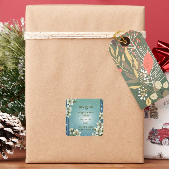 Cherry Blossom Wedding Invitation with Soft Green  Square Sticker (Holiday)