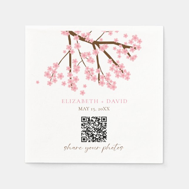 Cherry Blossom Wedding Photo Upload QR Code Napkin (Front)