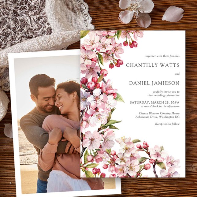 Cherry Blossom Wedding Pink Floral Photo   Invitation (Photo wedding invitation from the Cherry Blossom Wedding Collection by Darling & May)