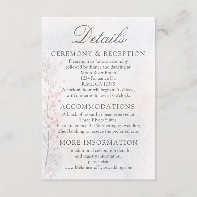 Cherry Blossom Wedding/Reception Details Card (Front)
