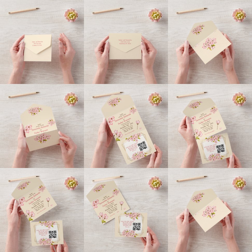 Cherry Blossom Wedding & RSVP All In One Invitation