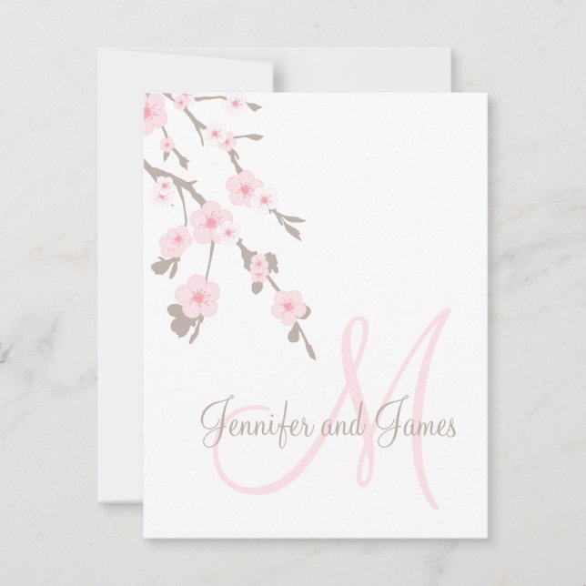Cherry Blossom Wedding RSVP Cards Monogram (Front)