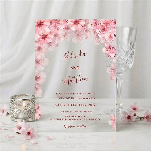  Cherry Blossom White Arched Casual Wedding Acrylic Invitations (Creator Uploaded)