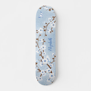 Cherry Blossom White Blue Glitter Floral Name Skateboard