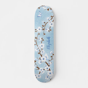 Cherry Blossom White Blue Glitter Floral Name  Skateboard
