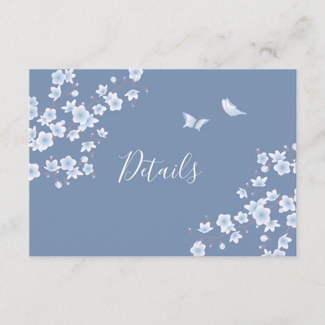 Cherry Blossom White Dusty Blue Wedding Details Enclosure Card (Front)