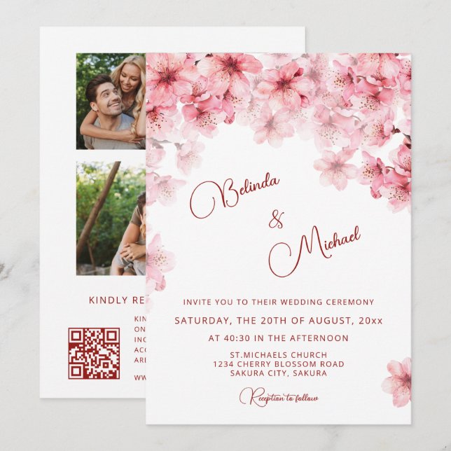  Cherry Blossom White  Wedding Invitation (Front/Back)