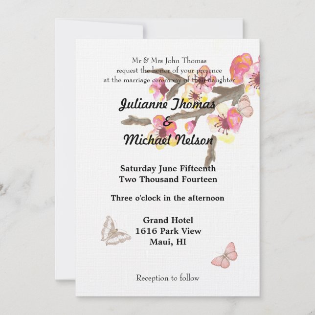 Cherry Blossom with Butterflies Wedding Invitation (Front)