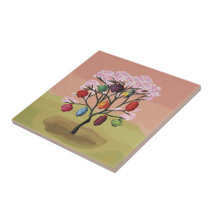 Cherry Blossom with oriental paper lanterns Tile